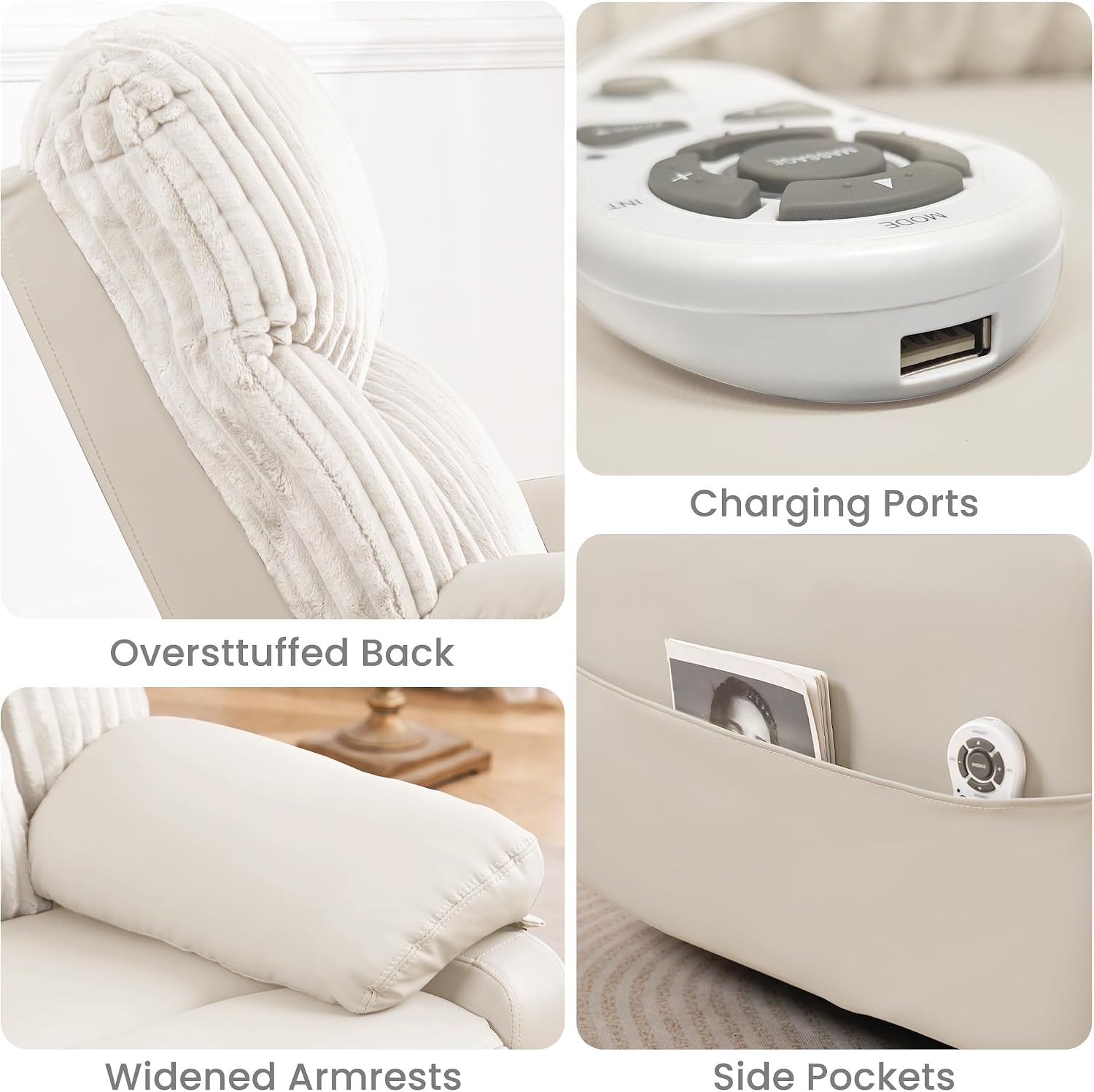 GRAINELL Swivel Rocker Recliner Chair with Massage and Heat, USB Charging Port, Infinite Position Power Recliner, Electric Glider Rocking Chairs for Living Room, Nursery, Ivory