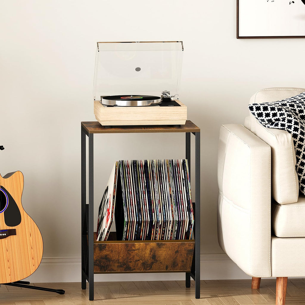 2 Tier End Table, Side Table, Record Player Stand with Storage Up to 100 Albums, Vinyl Record Storage, Turntable Stand for Vinyl, Brown Records Player Table for Living Room Bedroom