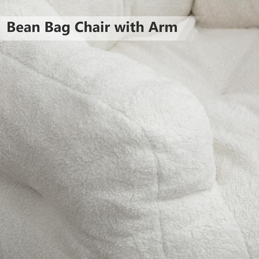 Hommoo Bean Bag Chair Large Bean Bag Chair for Adults with Armrest Comfy Bean Bag Sofa with Foam Filling Fluffy Lazy Chair Soft Teddy Fabric Tufted Bean Bag for Dorm Bedroom Gaming White