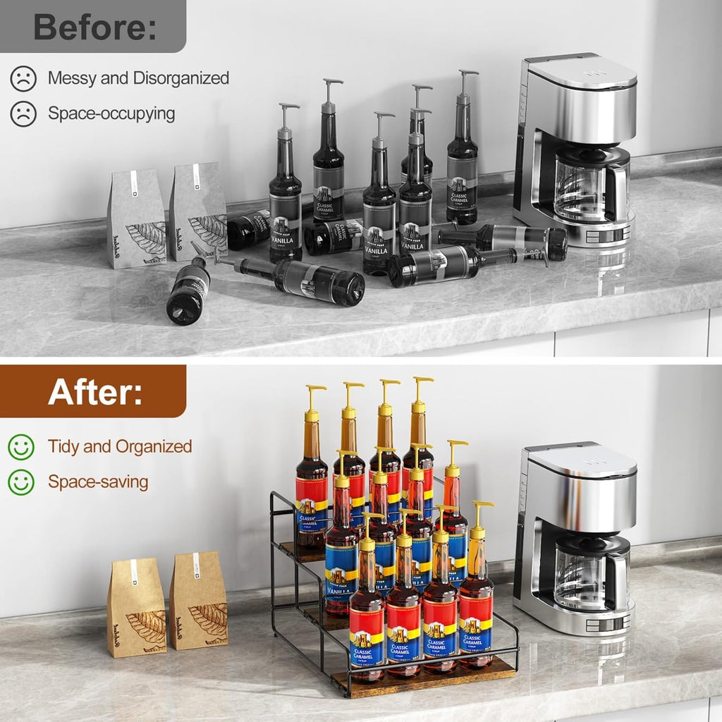 Nuovoware 3-Tier 12 Bottles Coffee Syrup Organizer, Separable Metal Rack with Wooden Base Whiskey Wine Dressing for Bar Countertop Kitchen