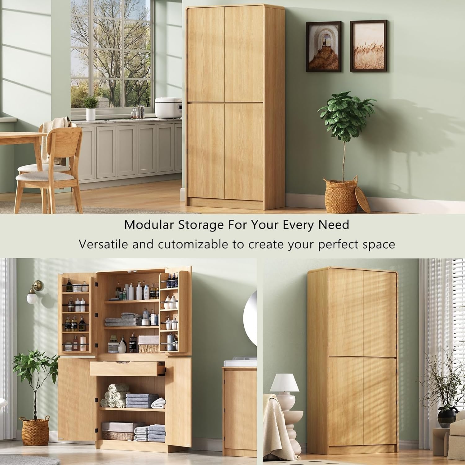 31.5x15.75x72Inches Natural Tall Farmhouse Kitchen Pantry Cabinet, 8 Door Shelves & 3 Adjustable Shelves, Curved Design with Hidden Drawer, for Kitchen Dining Bathroom Living Room