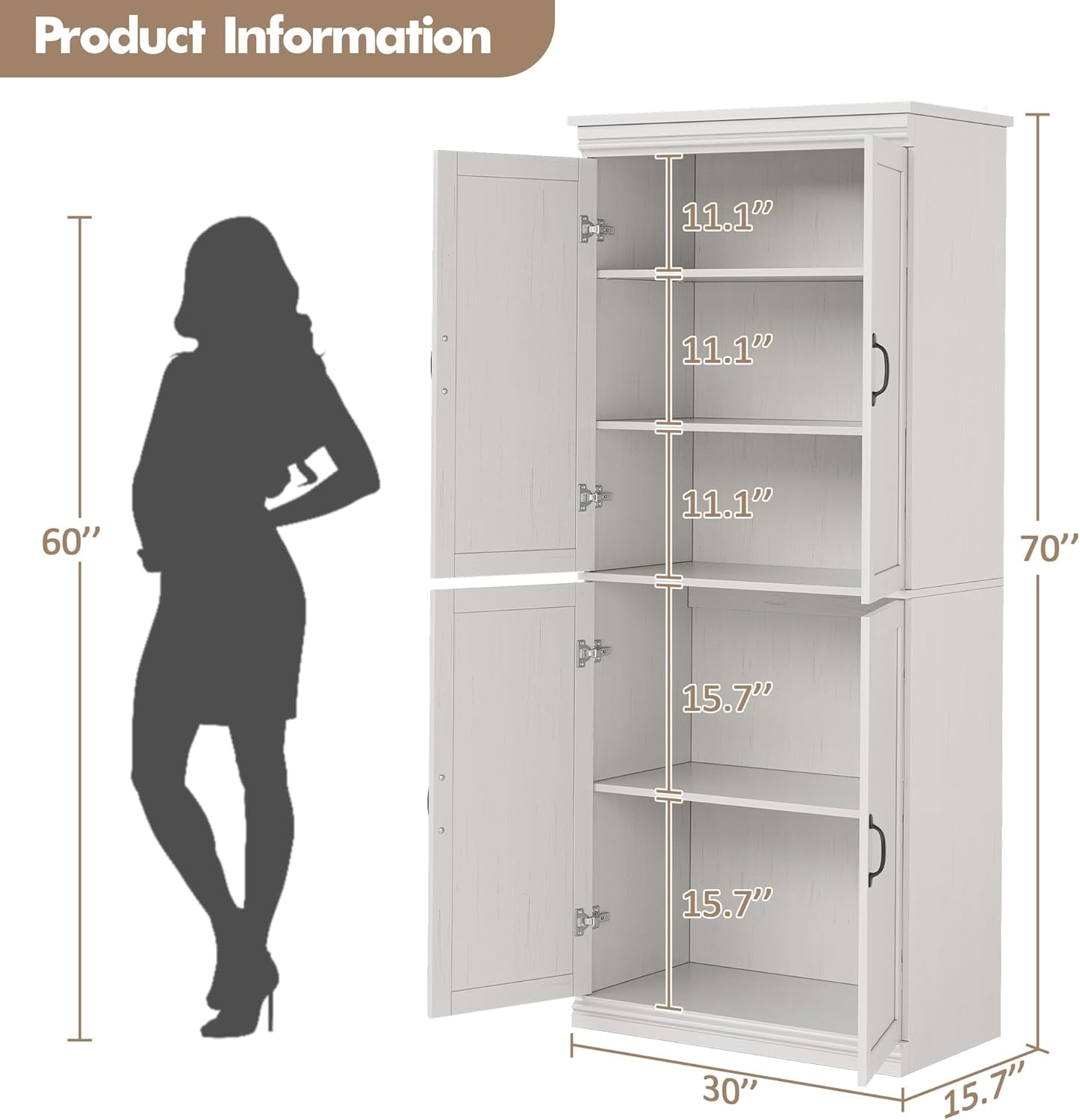 IDEALHOUSE Pantry Cabinet,70" Tall Kitchen Pantry Cabinet with Doors and Adjustable Shelves, Freestanding Cupboard, Tall Storage Cabinet for Bathroom, Dining Room, Living Room (Antique White)