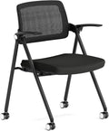 Stackable & Foldable Office Chair, Folding Desk Chair with Flip-Up Armrest, Breathable Mesh, Thick Seat Cushion & Rocking Backrest, Conference Room Chair with Wheel (Black，1)