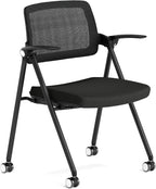 Stackable & Foldable Office Chair, Folding Desk Chair with Flip-Up Armrest, Breathable Mesh, Thick Seat Cushion & Rocking Backrest, Conference Room Chair with Wheel (Black，1)