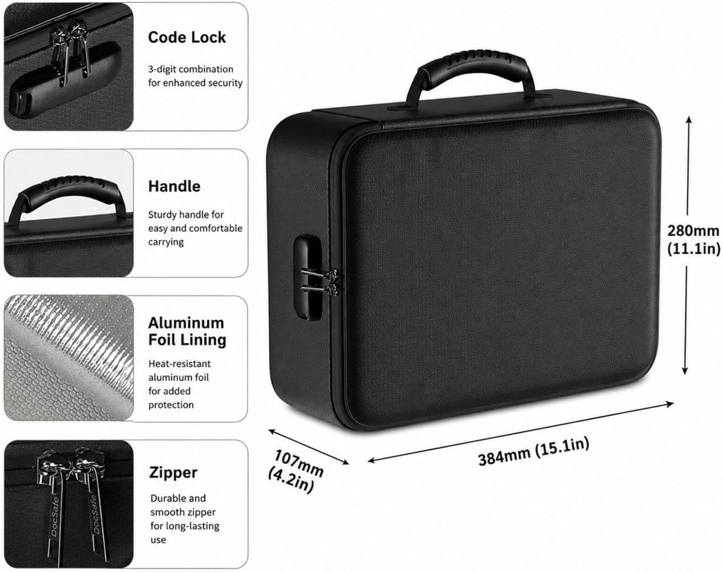 Fireproof Document Box with Lock, 8-Layer Waterproof Fire Resistant Safe Box, Upgraded Heat Insulated Storage Box, Portable Home Travel Organizer for Files, Certificates & Valuables - Black（Soft）