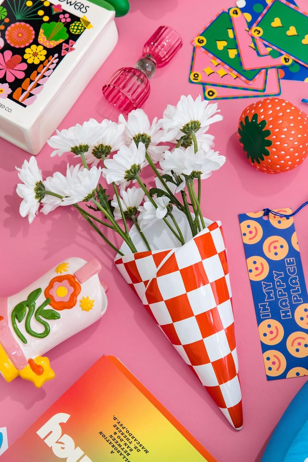 ban.do Vintage Inspired Checkered Bag Decorative Ceramic Wall Vase, Unique Home/Kitchen/Office Accent, Checkered Bag