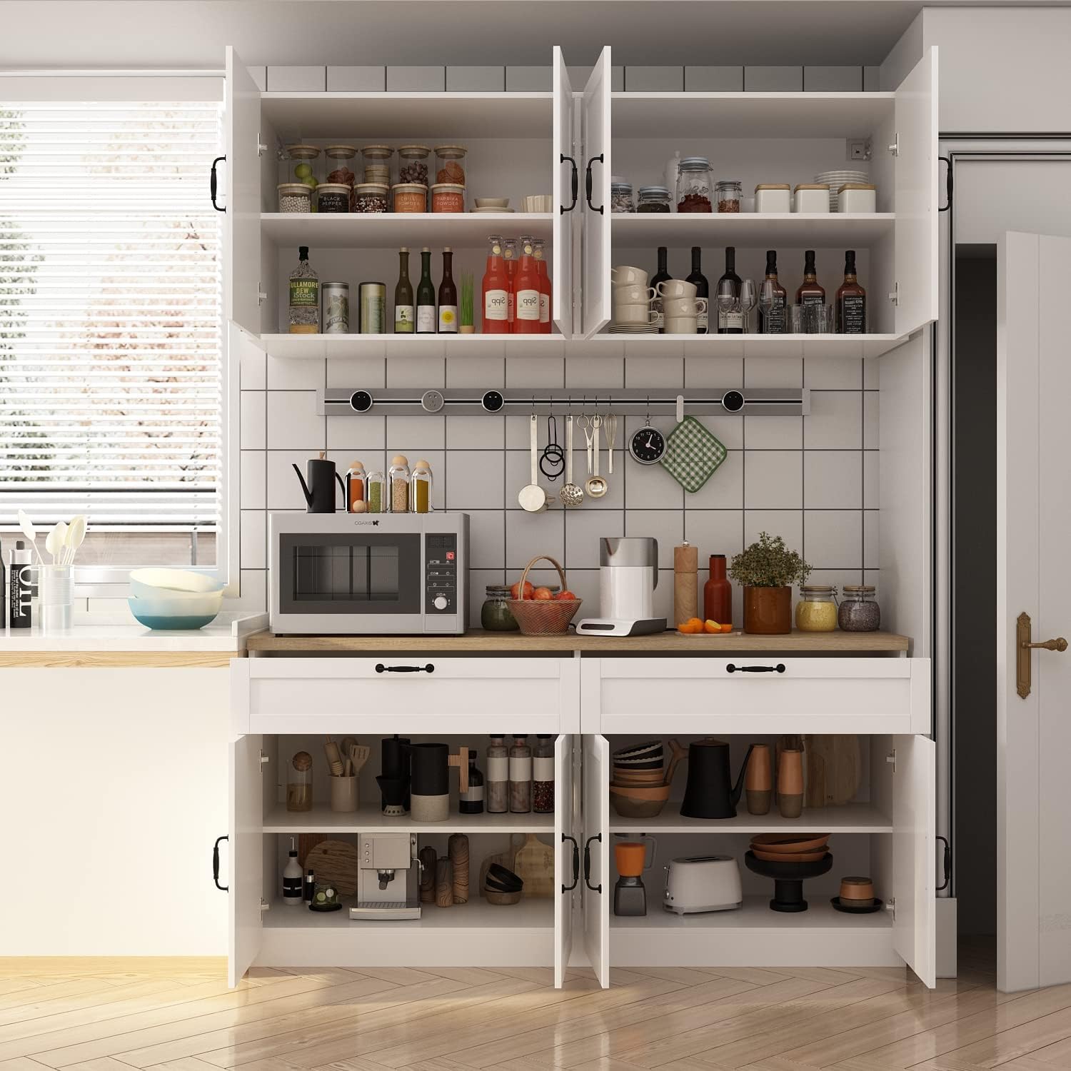 ECACAD Wall-Mounted Kitchen Pantry with Doors, Drawers & Adjustable Shelves, Kitchen Cupboard Storage Cabinet with Oak Top for Living Room, White