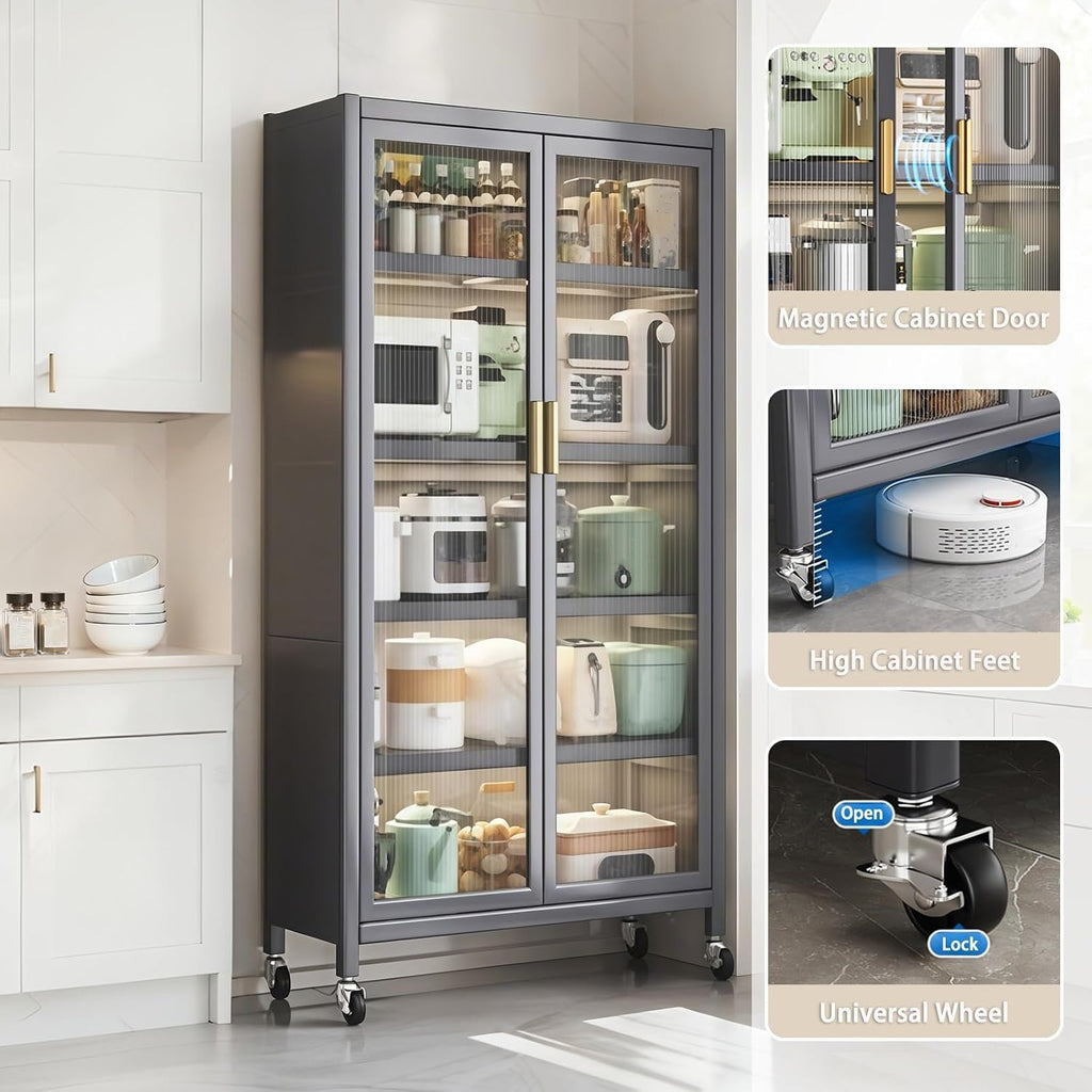 ZeHuoGe 65" Kitchen Pantry Storage Cabinet, 6 Tier Metal Display Storage Cabinet with Transparent Door, Adjustable Shelves & Wheels, Food Pantries Cabinets for Kitchen, Living Room and Dining Room