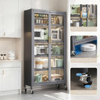 ZeHuoGe 65" Kitchen Pantry Storage Cabinet, 6 Tier Metal Display Storage Cabinet with Transparent Door, Adjustable Shelves & Wheels, Food Pantries Cabinets for Kitchen, Living Room and Dining Room
