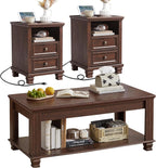 SAVOR LIFE Farmhouse Living Room Table Set,Rustic Wooden Coffee Table Set of 3,Large Coffee/End Side Tables with 2 Drawers for Living Room,Walnut
