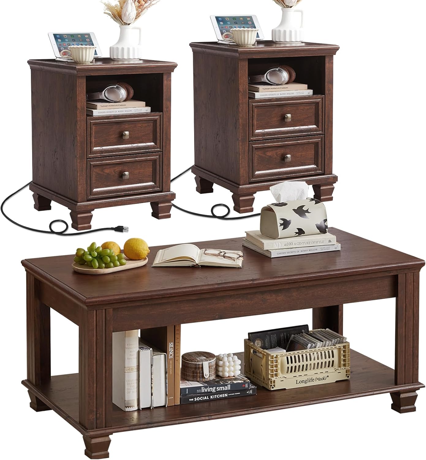 SAVOR LIFE Farmhouse Living Room Table Set,Rustic Wooden Coffee Table Set of 3,Large Coffee/End Side Tables with 2 Drawers for Living Room,Walnut