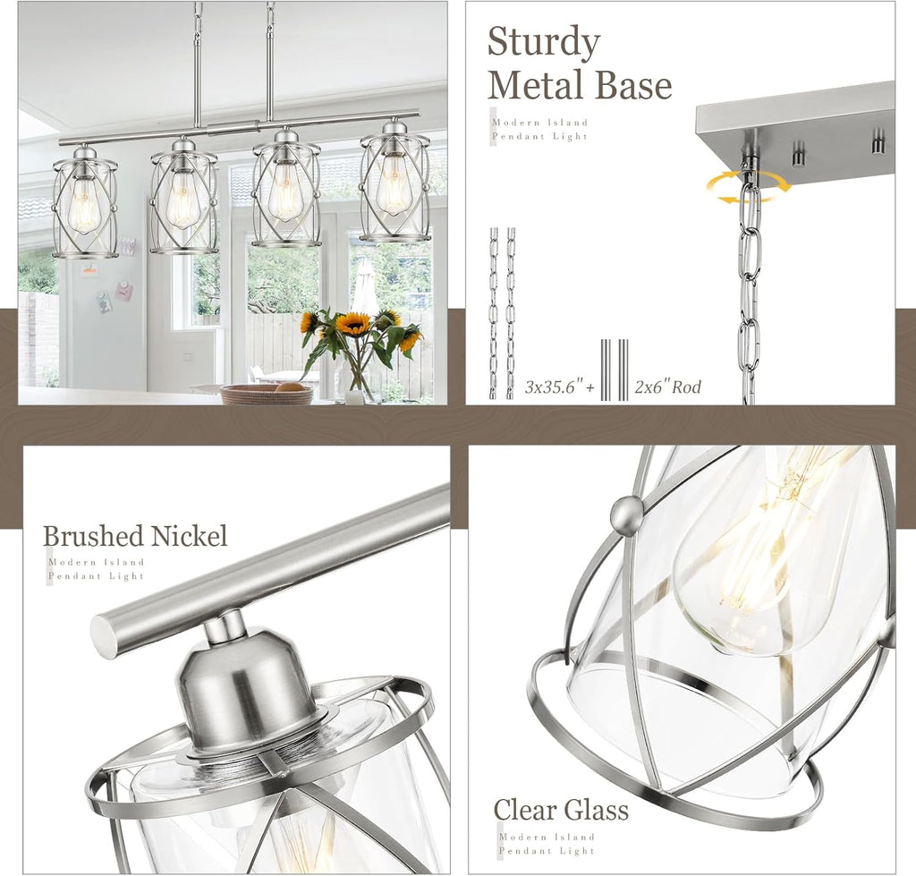 4-Light Kitchen Island Lighting, Modern Brushed Nickel Dining Room Light Fixtures with Clear Glass, Farmhouse Industrial Linear Chandelier Pendant Light with Adjustable Chain, CH9176BN-4IS