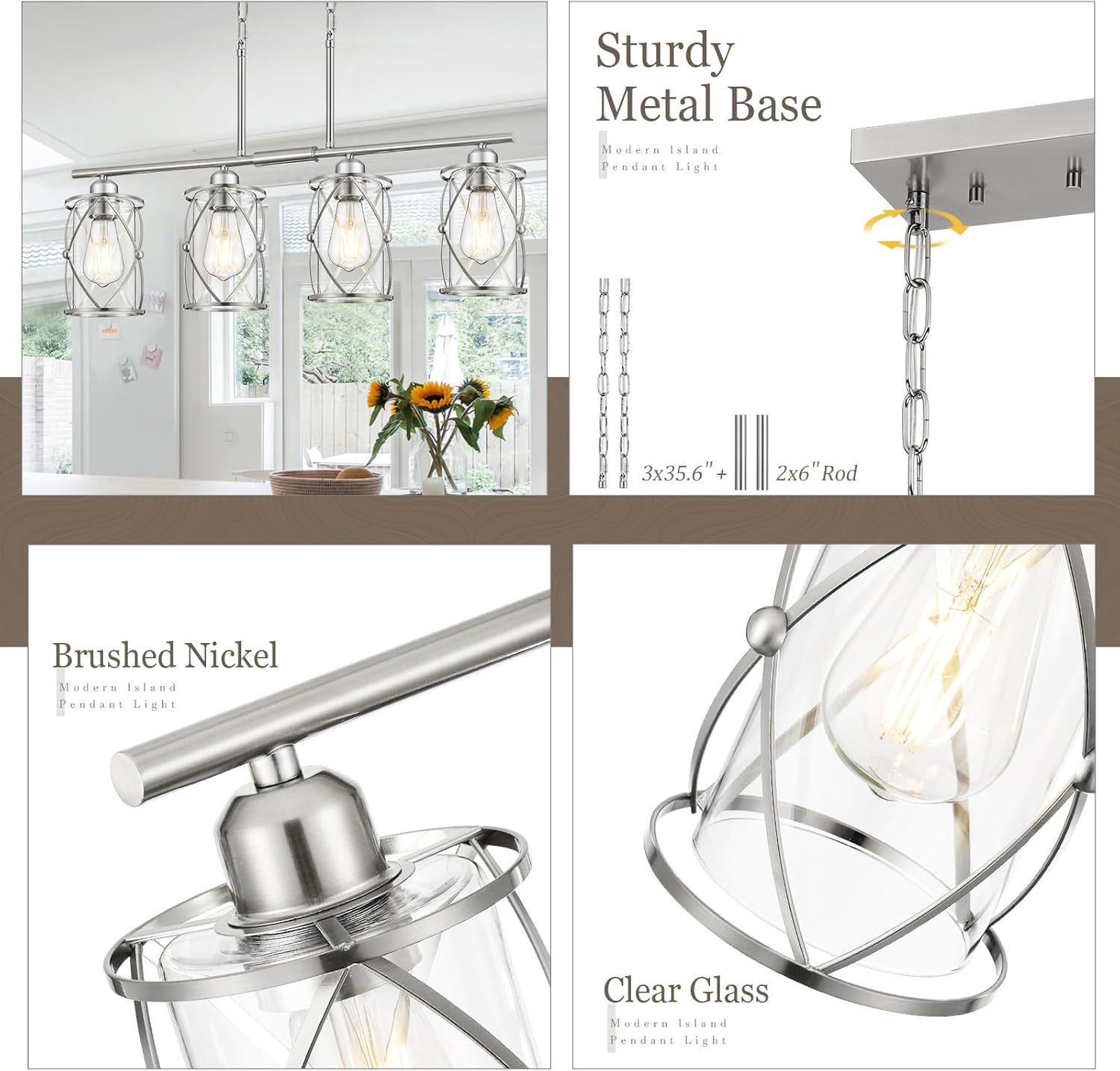 4-Light Kitchen Island Lighting, Modern Brushed Nickel Dining Room Light Fixtures with Clear Glass, Farmhouse Industrial Linear Chandelier Pendant Light with Adjustable Chain, CH9176BN-4IS