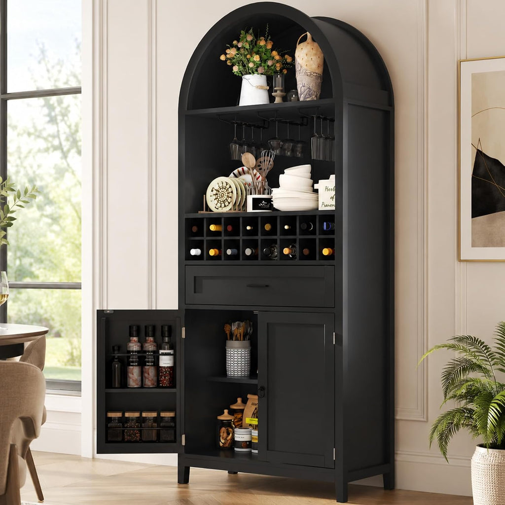 Loomie 75.7" Tall Arched Wine Cabinet, Modern Bar Cabinets with Glass Holders & Wine Rack, Liquor Cabinet for Home, Kitchen Pantry W/Drawer & Shelves, Versatile Cupboard for Dining Room (Black)