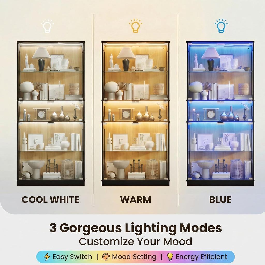 Display Cabinet with Glass Doors & LED Lights, 5 Tier Lighted Display Case for Figurines Collectibles, Tall Curio Storage Cabinet with Motion Sensor, 5 Shelves Living Room Bookcase (Black+Oak)