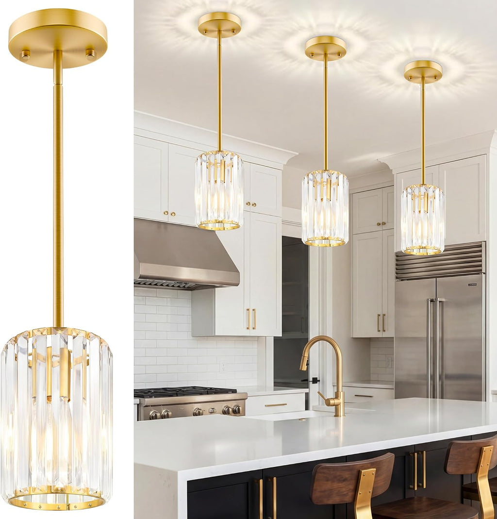 Gold Pendant Light, Modern Crystal Pendant Lights Kitchen Island, Kitchen Island Lighting with Adjustable Height, UL Certified Island Lights for Kitchen Dining Room Bedroom Hallway 3 Pack