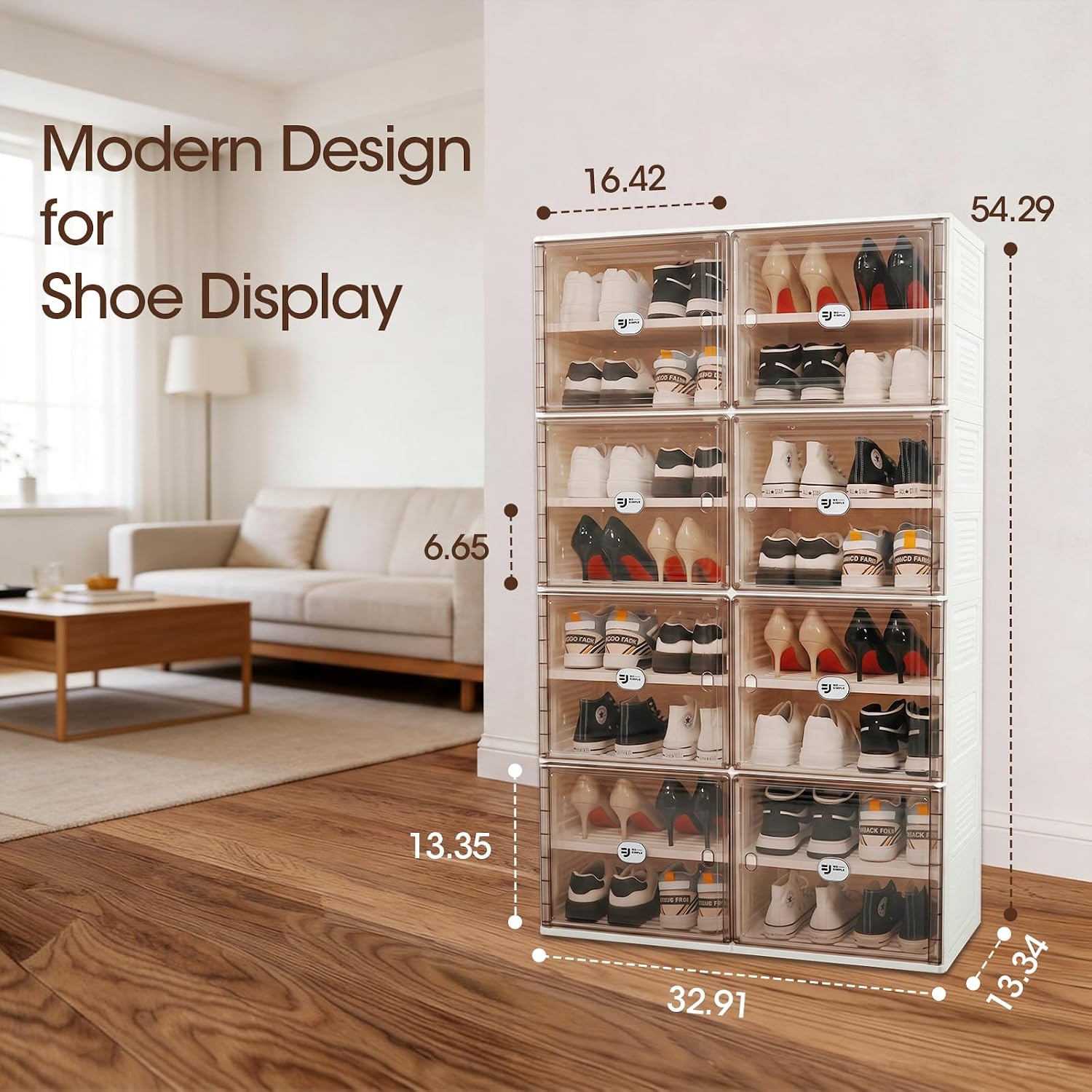 32 Pairs Shoes Storage Cabinet of 3-Step Fast Installation,Plastic Shoe Rack with Clear Magnetic Door for Display, Shoe Organizer for Sneaker, Sandals, Heels (2 Row, 8 Tier)