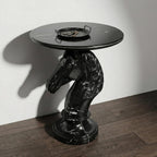 Horse Head Side Table, Faux Marble Round End Table with Resin Sculpture Pedestal Base, Small Accent Table for Living Room Bedroom Office, Modern Glam Decor, Black