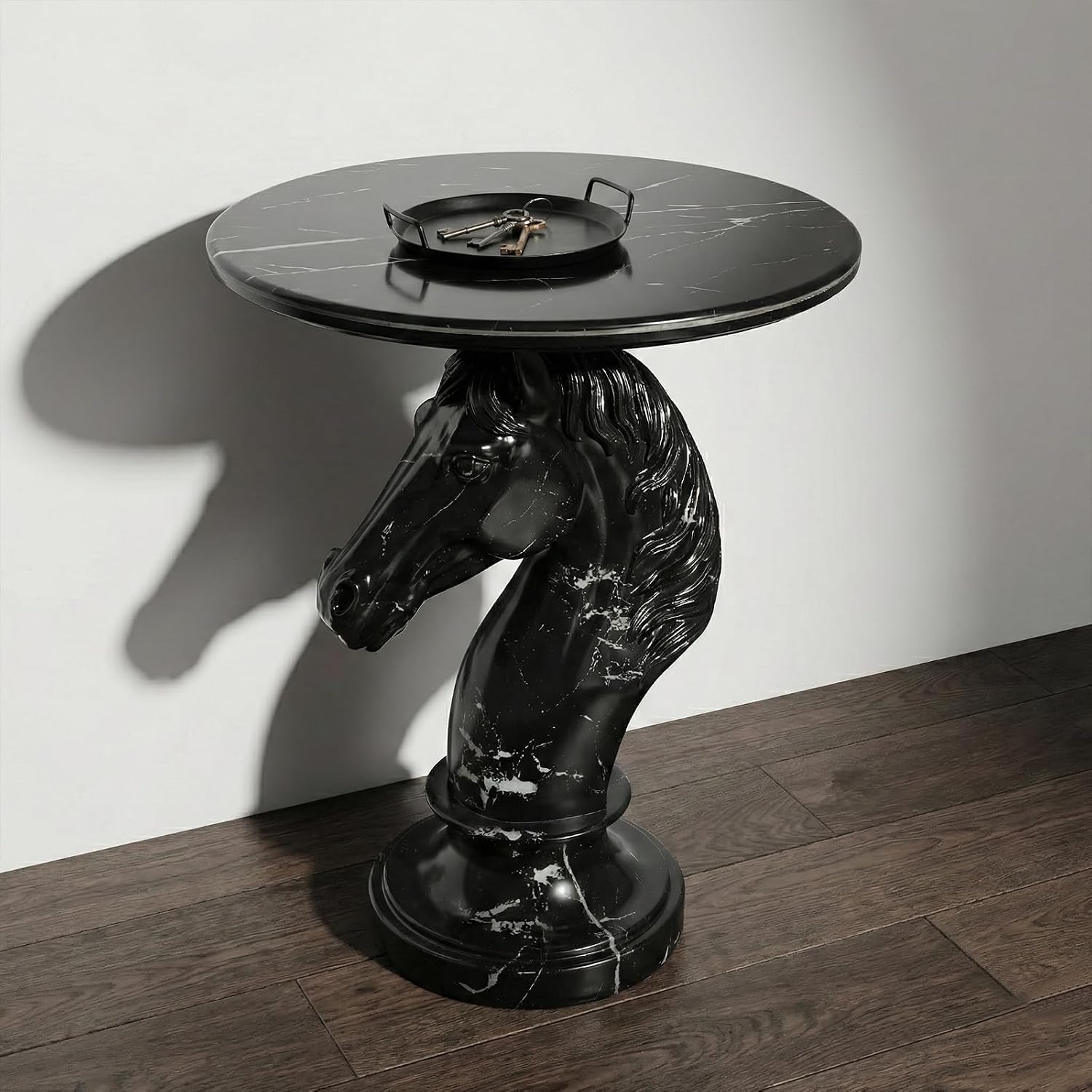Horse Head Side Table, Faux Marble Round End Table with Resin Sculpture Pedestal Base, Small Accent Table for Living Room Bedroom Office, Modern Glam Decor, Black