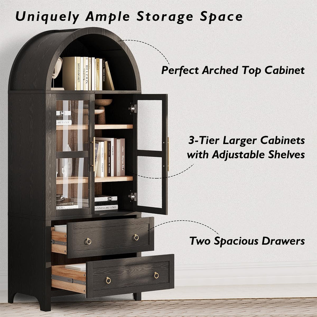 71" Tall Arched Kitchen Pantry Cabinet with 2 Large Drawers and Adjustable Shelves, Modern Farmhouse Storage Cabinet with Glass Doors, Wood Versatile Cupboard for Kitchen (Black)