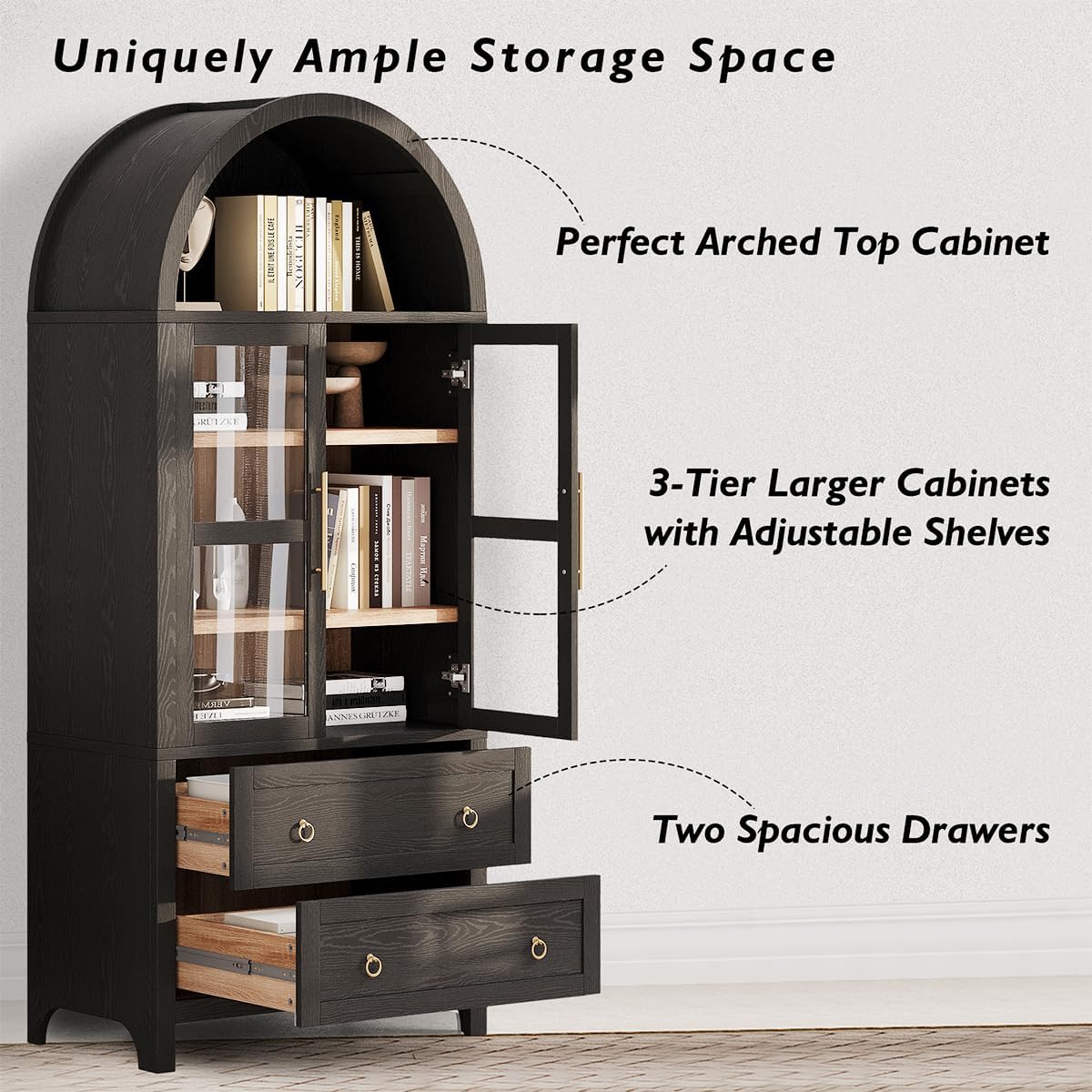 71" Tall Arched Kitchen Pantry Cabinet with 2 Large Drawers and Adjustable Shelves, Modern Farmhouse Storage Cabinet with Glass Doors, Wood Versatile Cupboard for Kitchen (Black)