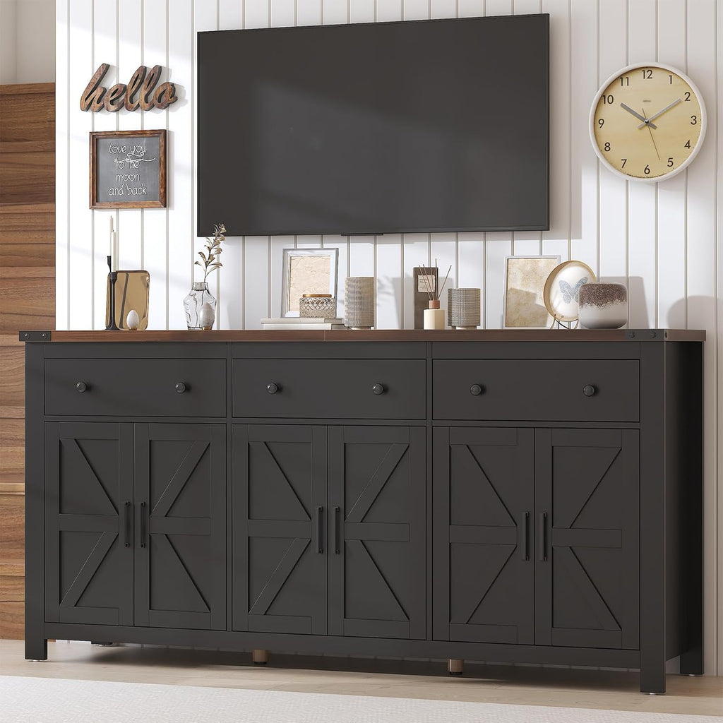 VVFLU 71" Large Sideboard Buffet Cabinet with Storage, Farmhouse Coffee Bar with 3 Drawers and 6 Barn Doors, Long Wider Storage Cabinet, for Kitchen, Dining Room, Living Room, Black Wood
