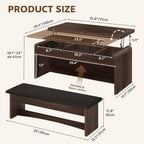 Lift Top Coffee Table 4-in-1, 40 Inches Coffee Table Set with Bench & Hidden Compartment, Multi-Function Converts to Dining Table for Living Room, Home Office, Lifting Top Tables, Walnut