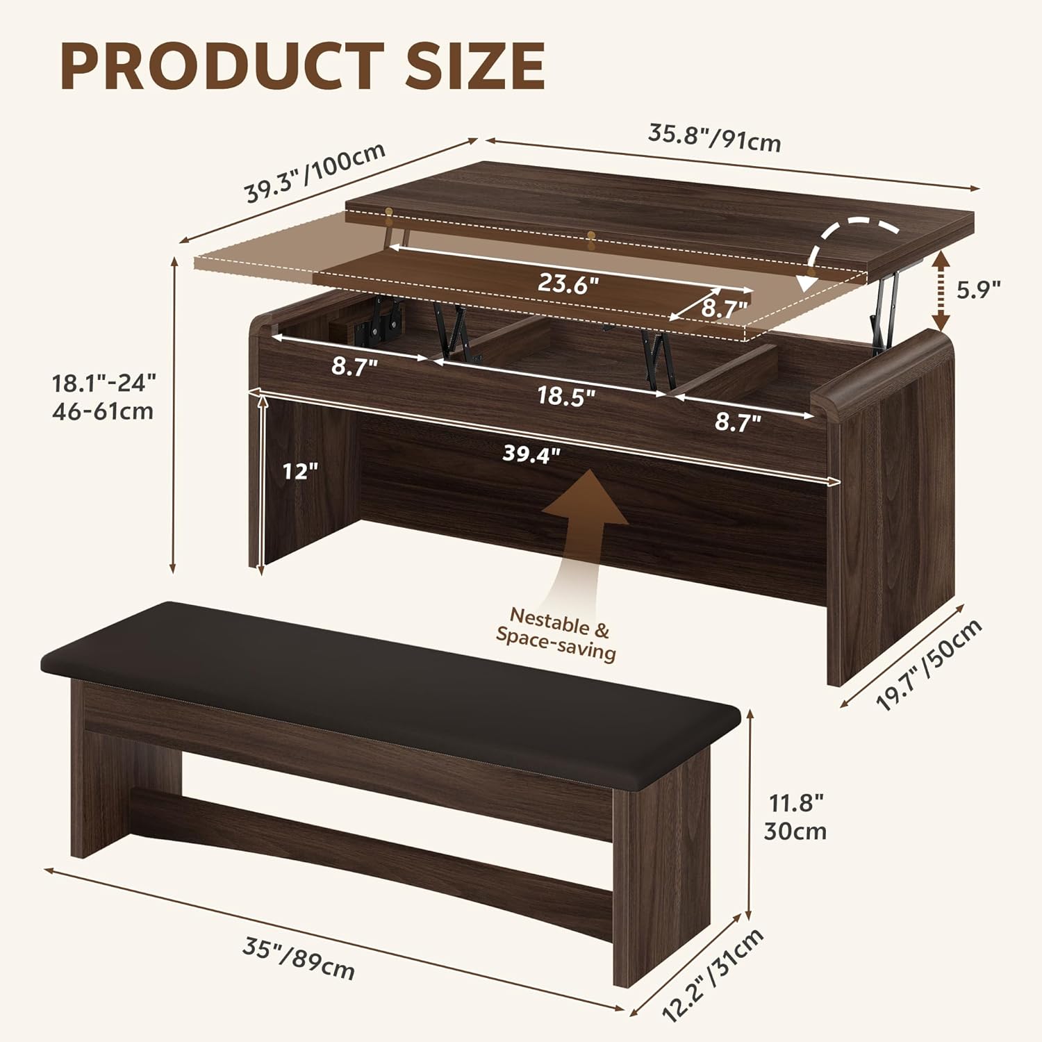 Lift Top Coffee Table 4-in-1, 40 Inches Coffee Table Set with Bench & Hidden Compartment, Multi-Function Converts to Dining Table for Living Room, Home Office, Lifting Top Tables, Walnut