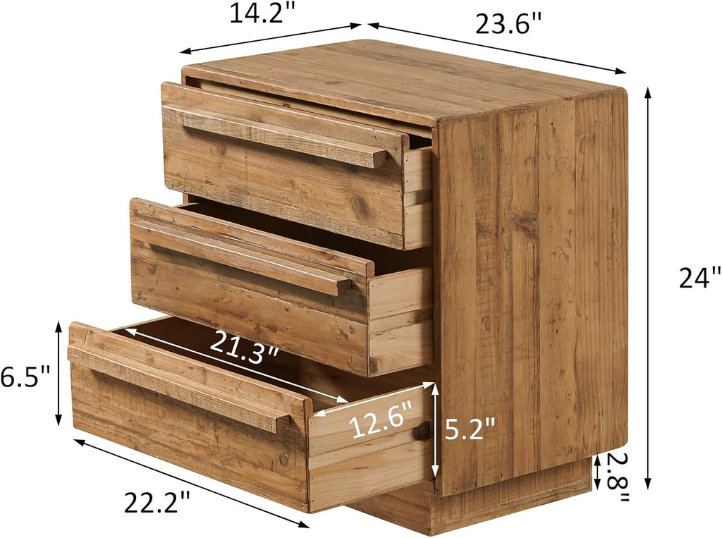 HOKYHOKY Set of 2 Reclaimed Solid Wood Nightstand-24 Inches Large End Table with 3 Drawers, Pre-Assembled Farmhouse Bedside Tables for Living Room, Bedroom