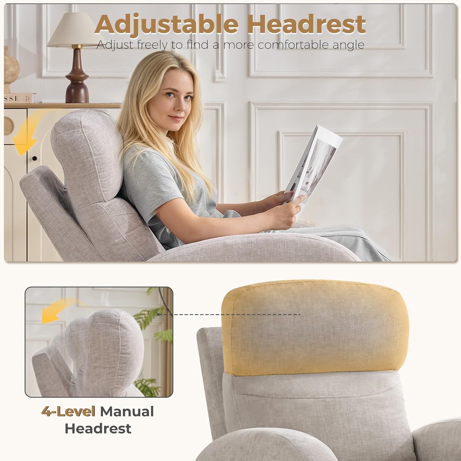 Swivel Rocker Recliner, Manual Swivel Recliner with Adjustable Headrest, Glider Rocking Reclining Nursery Chairs for Small Space, Living Room, Bedroom, Chenille Camel