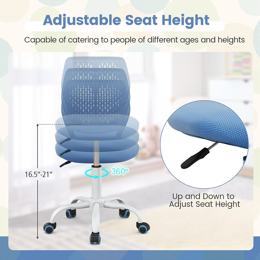 Giantex Modern Kids Desk Chair, Armless Study Chair with Adjustable Height, Ergonomic Office Chair with Wheels, Rolling Swivel Mesh Task Desk Chair for Girls Boys Teens, Blue