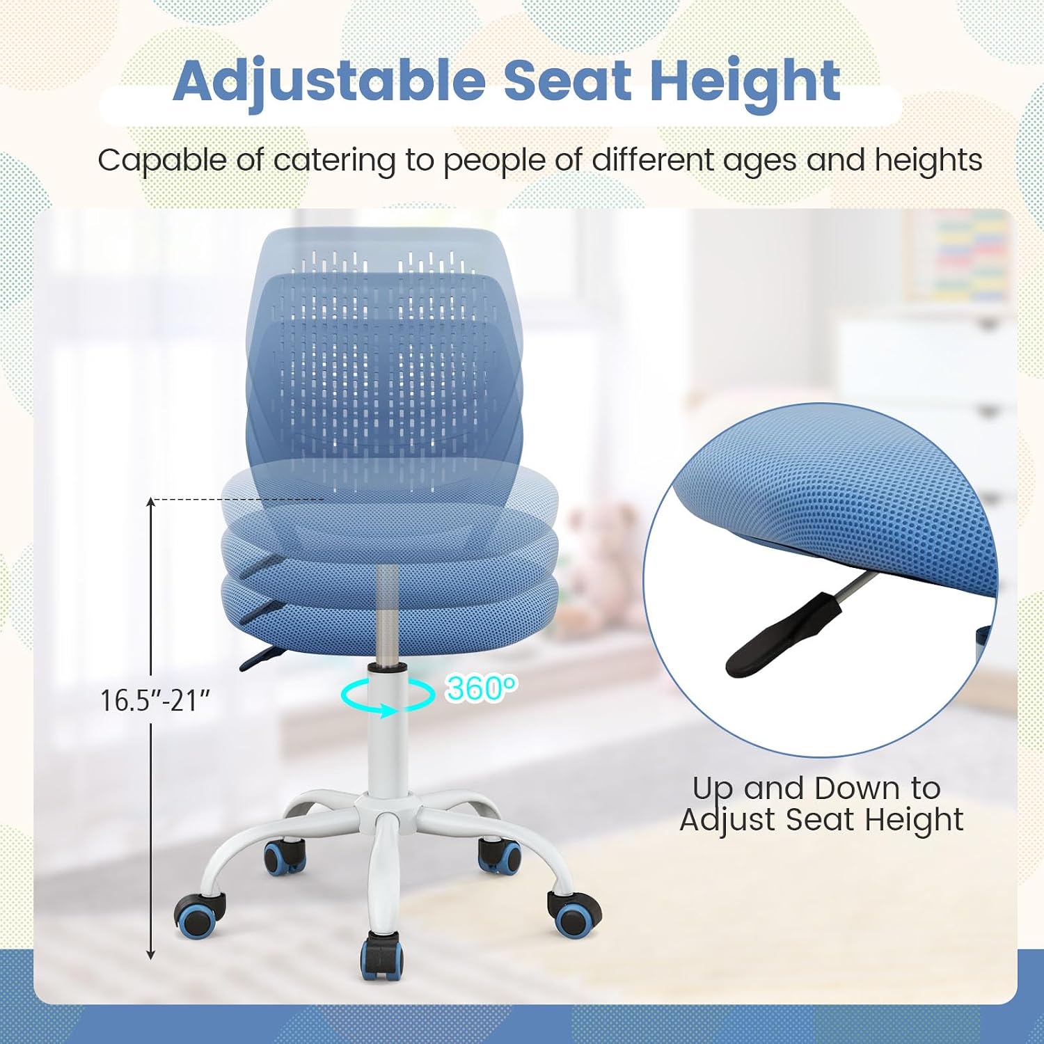 Giantex Modern Kids Desk Chair, Armless Study Chair with Adjustable Height, Ergonomic Office Chair with Wheels, Rolling Swivel Mesh Task Desk Chair for Girls Boys Teens, Blue