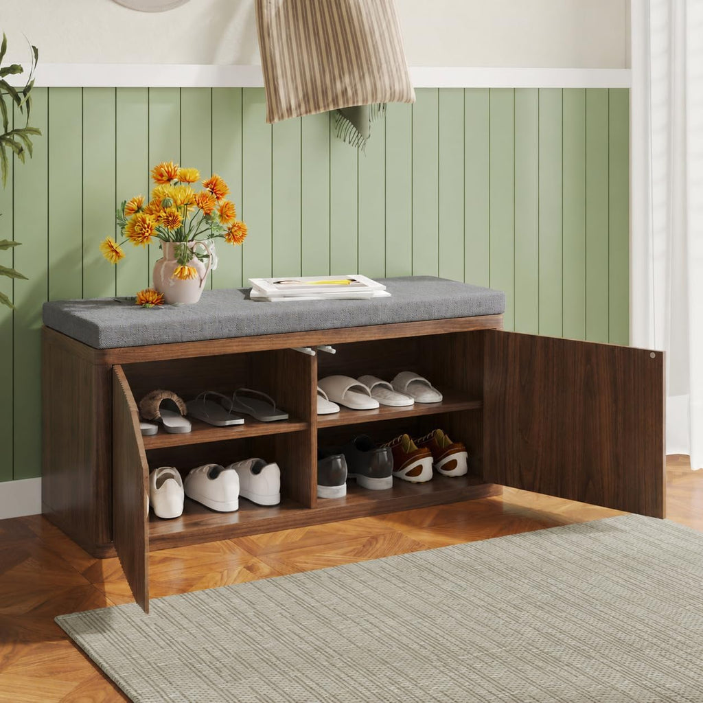 Shoe Cabinet Bench with Cushion,Double Layered Wooden Shoe Bench with Soft Cushion,Shoe Rack for Entryway,Bedroom,Living Room (Walnut Sturdy Entryway Bench)