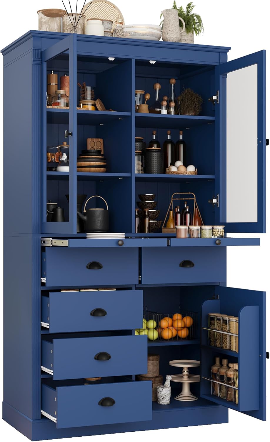 72''H Kitchen Pantry Cabinet, Vintage Storage Cupboard with 2 Glass Doors, Drawers, Serving Trays and Shelves, Freestanding Coffee Bar Cabinet for Dining Room Living Room, Blue