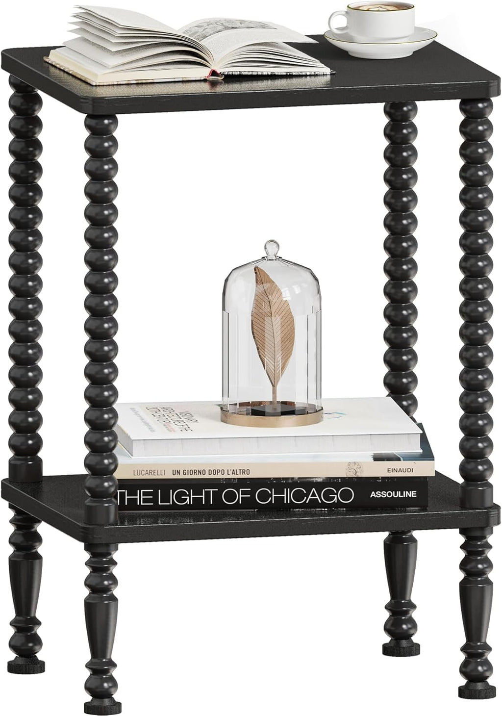 Side Table, 2-Tier Wood End Table, Vintage Bedside Nightstand with Open Storage Shelf for Living Room, Bedroom, Office, Black