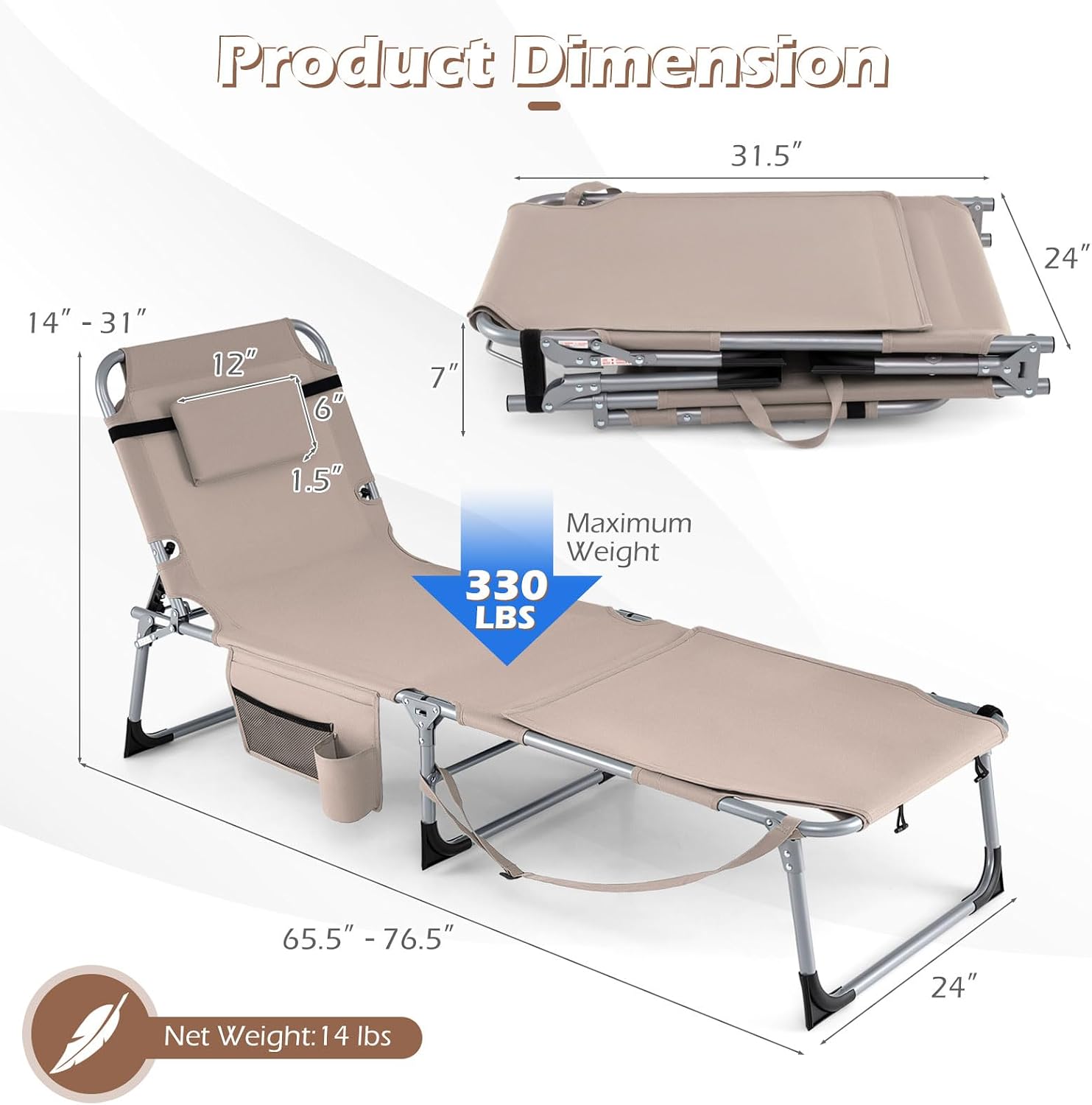 GYMAX Tanning Chair, 3 in 1 Sun Bathing Lounge Chairs with Face/Arm Holes & Side Pocket, Portable Lightweight Face Down Layout Tanning Chair for Outside, Beach, Backyard, Poolside (1, Sand)