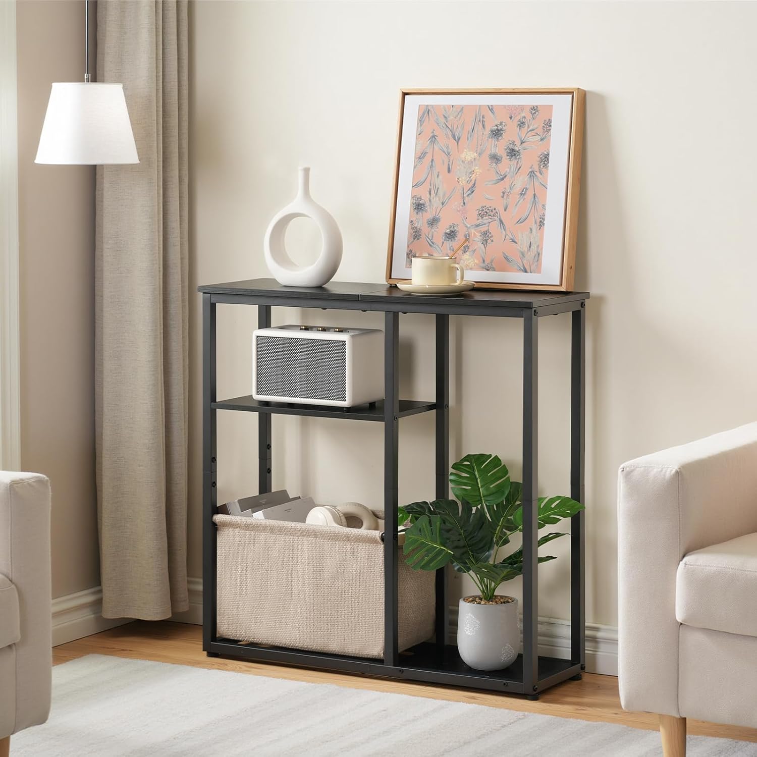 HOOBRO Narrow Console Table with Storage Basket, 29.5" Small Entryway Table with 3-Tier Storage Shelves, Behind Couch Sofa Table, Hallway Table for Living Room, Black and Beige BB60XG01