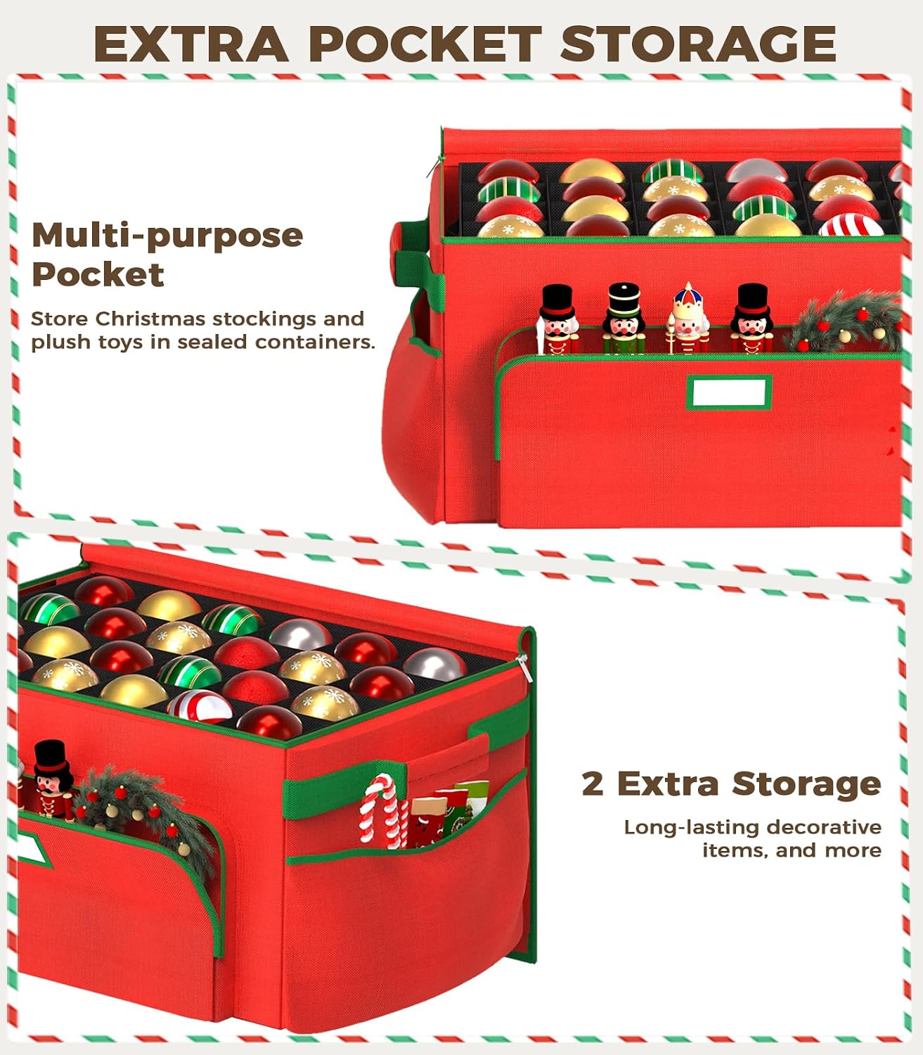 Ornament Storage Box, Large Christmas Ornament Storage Box, Stores 72 4'' Ornaments , Ornaments Storage Containers with 3 Trays, Durable and Portable, 600D Tear-Proof Material, Extra Pockets Red