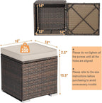 RELAX4LIFE Wicker Outdoor Storage Ottoman, 2-Piece Rattan Footstool w/Removable Cushion, Multipurpose Footrest Stool Side Table Additional Seating, Set of 2 Outdoor Ottomans for Patio Deck (Beige)
