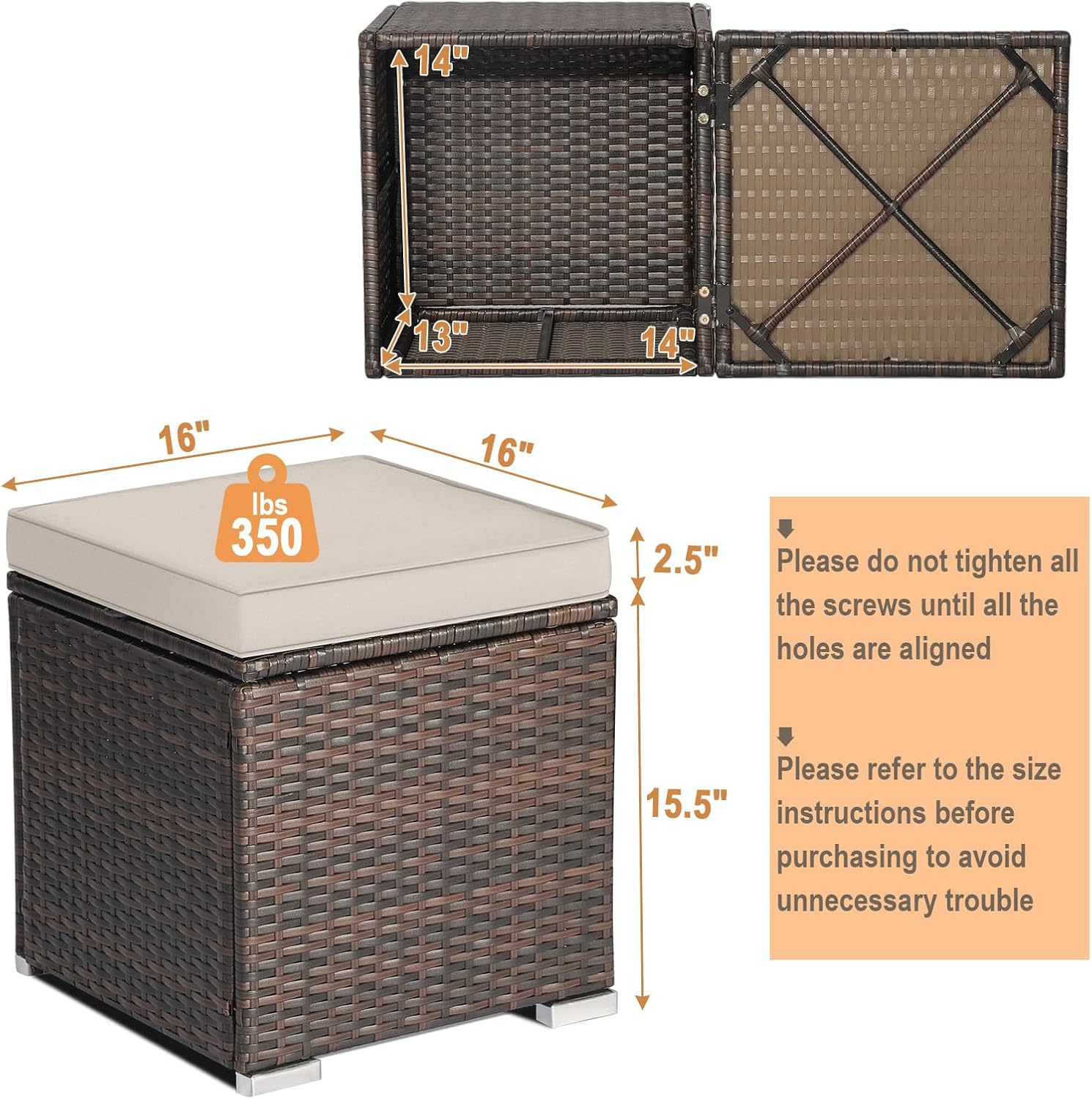 MEDIMALL Patio Wicker Ottoman Set of 2, Multipurpose Outdoor Footstool w/Removable Cushions, Rattan Side Table w/Storage, Footstool Ottoman Seat for Garden, Backyard, Poolside (Beige)