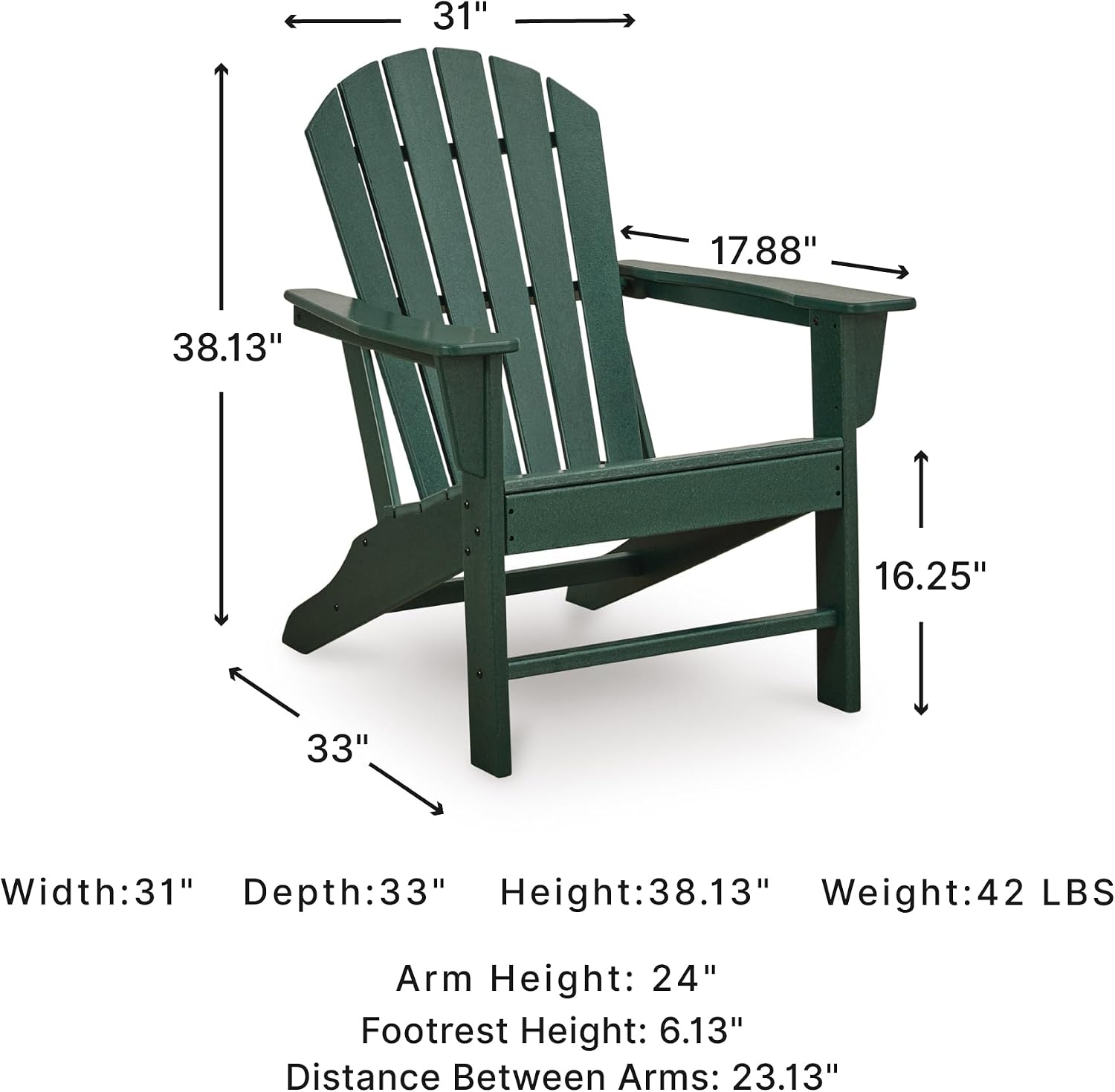 Signature Design by Ashley Karson City Green Adirondack Chair, Durable Weather Resistant HDPE, 36 Lbs Frame, Outdoor Patio Seating
