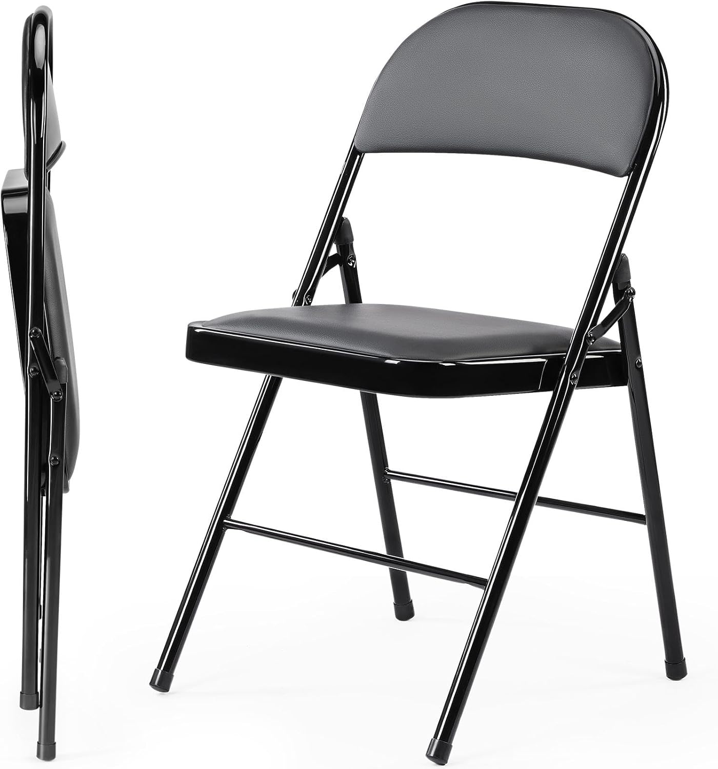Sweetcrispy Folding Chair 2 Pack, Leather Padded Foldable Chairs, Sturdy Metal Portable Chairs, Easy to Use and Store, Outdoor and Indoor, for Home, Office, Party, Garden, Black