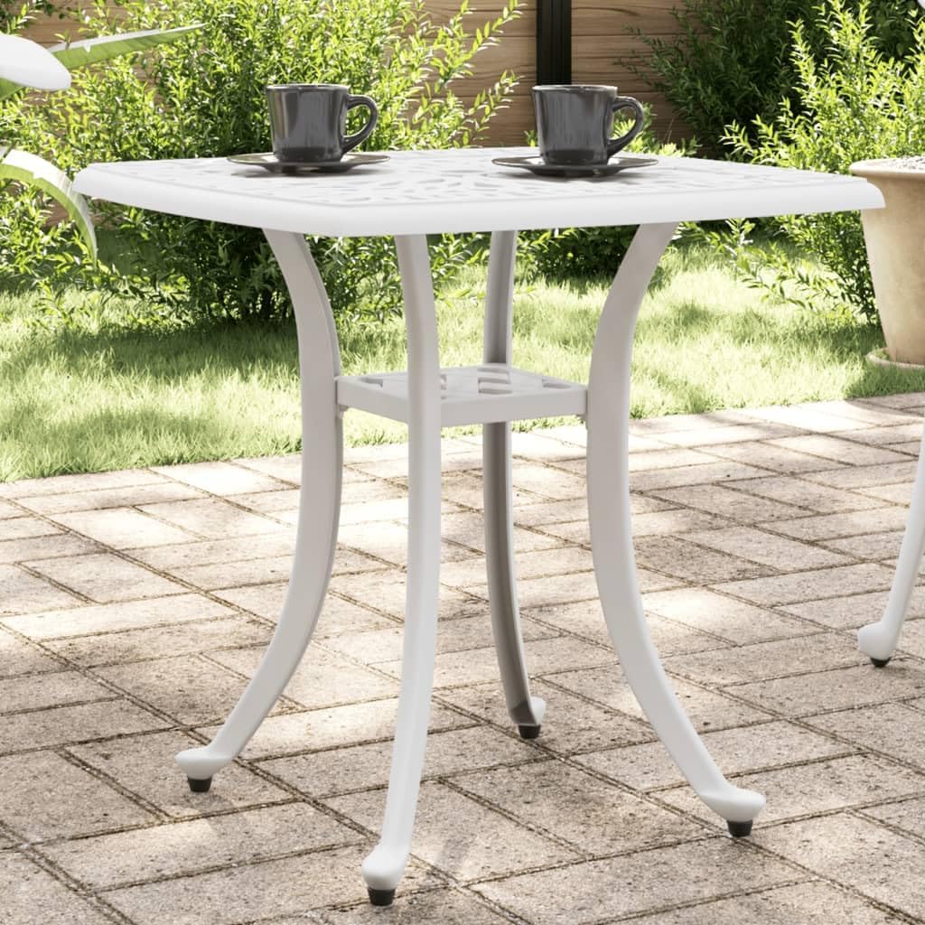 Square Garden Table, Small Outdoor Patio Table in White Cast Aluminum, Rust-Resistant Metal Bistro Table for Balcony, Porch, Deck, and Indoor Dining