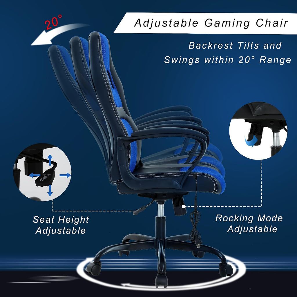 Silla Gamer Ergonomic Massage Gaming Chair - Blue Leather Desk Chair for Adults and Kids