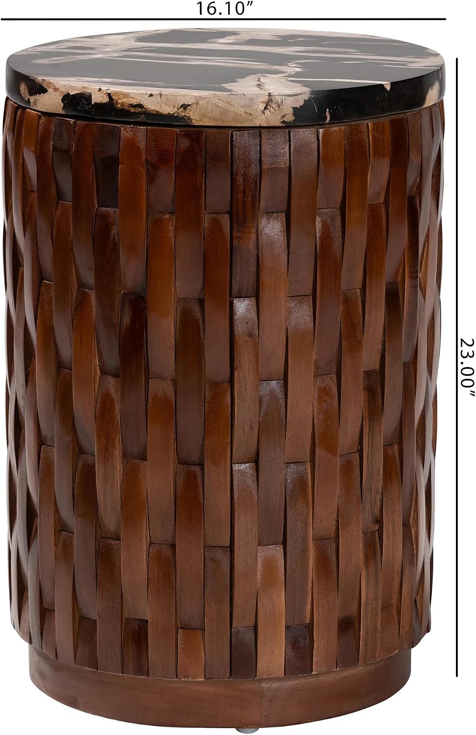 Bali & pari Lavanya End Table with Petrified Wood Top - Drum Accent Side Table with Recycled Teak Wood Frame for Living Room or Entryway