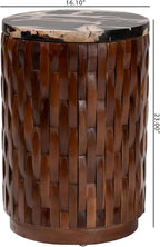 Bali & pari Lavanya End Table with Petrified Wood Top - Drum Accent Side Table with Recycled Teak Wood Frame for Living Room or Entryway