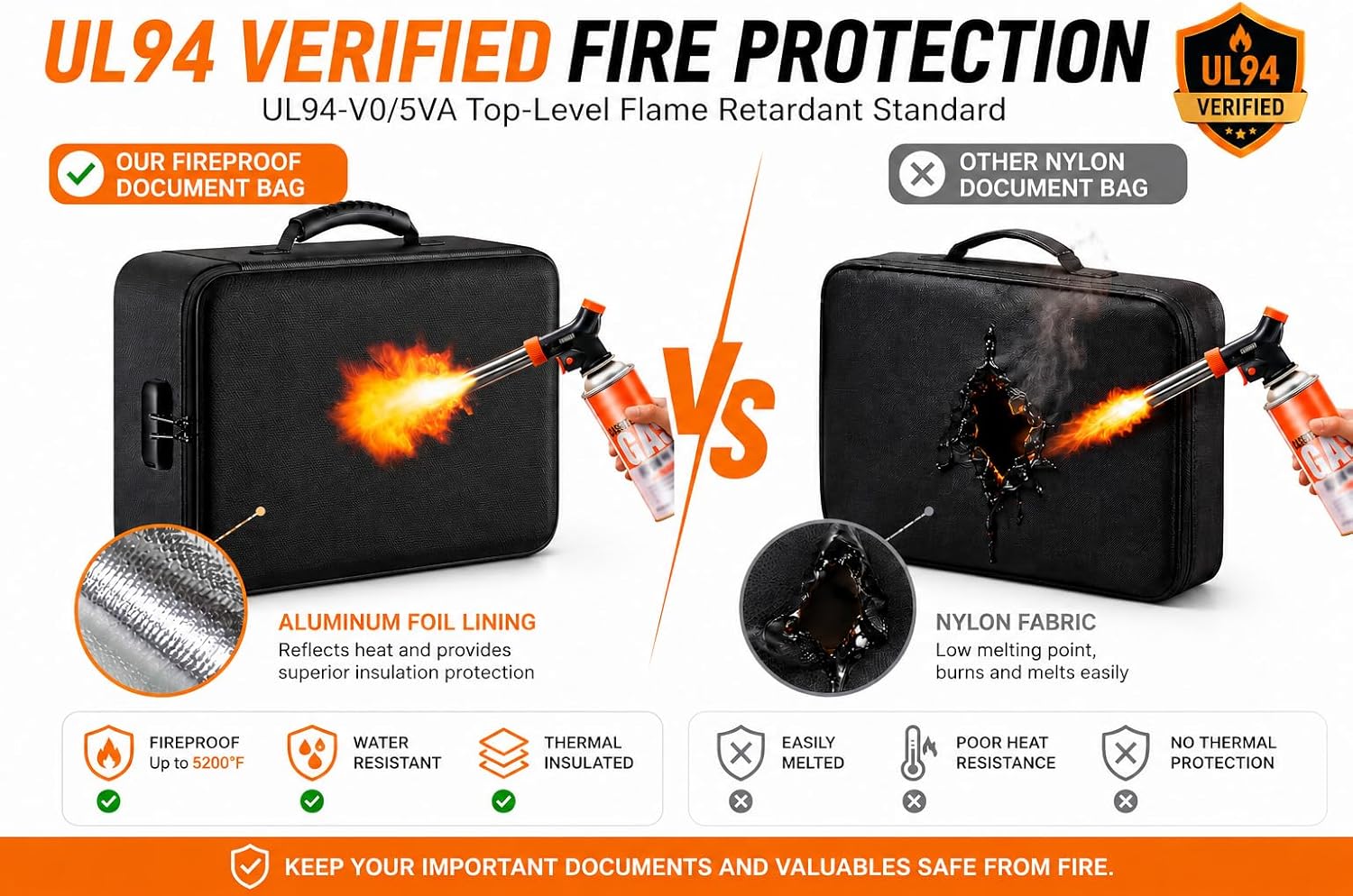 Fireproof Document Box with Lock, 8-Layer Waterproof Fire Resistant Safe Box, Upgraded Heat Insulated Storage Box, Portable Home Travel Organizer for Files, Certificates & Valuables - Black（Soft）