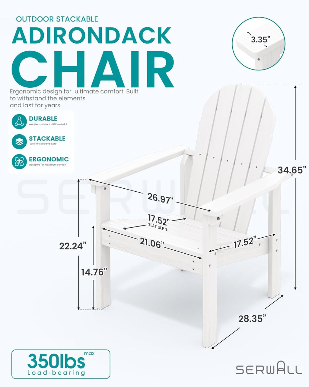 SERWALL Stackable Modern Adirondack Chairs Set of 2, HDPE Outdoor Patio Chairs with Space-Saving Design, All-Weather Fire Pit Chairs with Widened Seat for Deck, Backyard, Garden, Lawn (White)