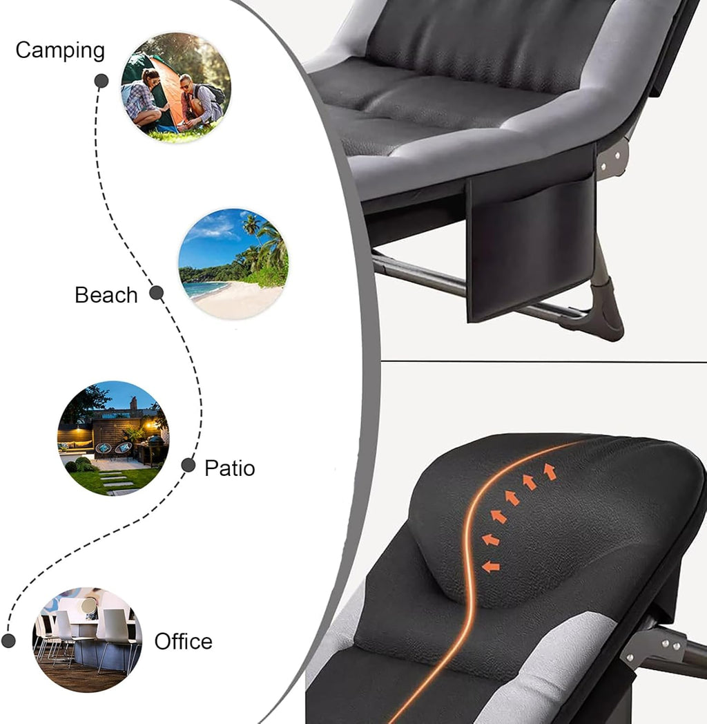 Folding Lounge Chairs for Outside, Portable Camping Cot, 6-Position Chaise Lounge Chairs with Side Pocket and Mattress, Heavy Duty Chaise Lounges for Outdoor Patio Balcony Beach (Black)