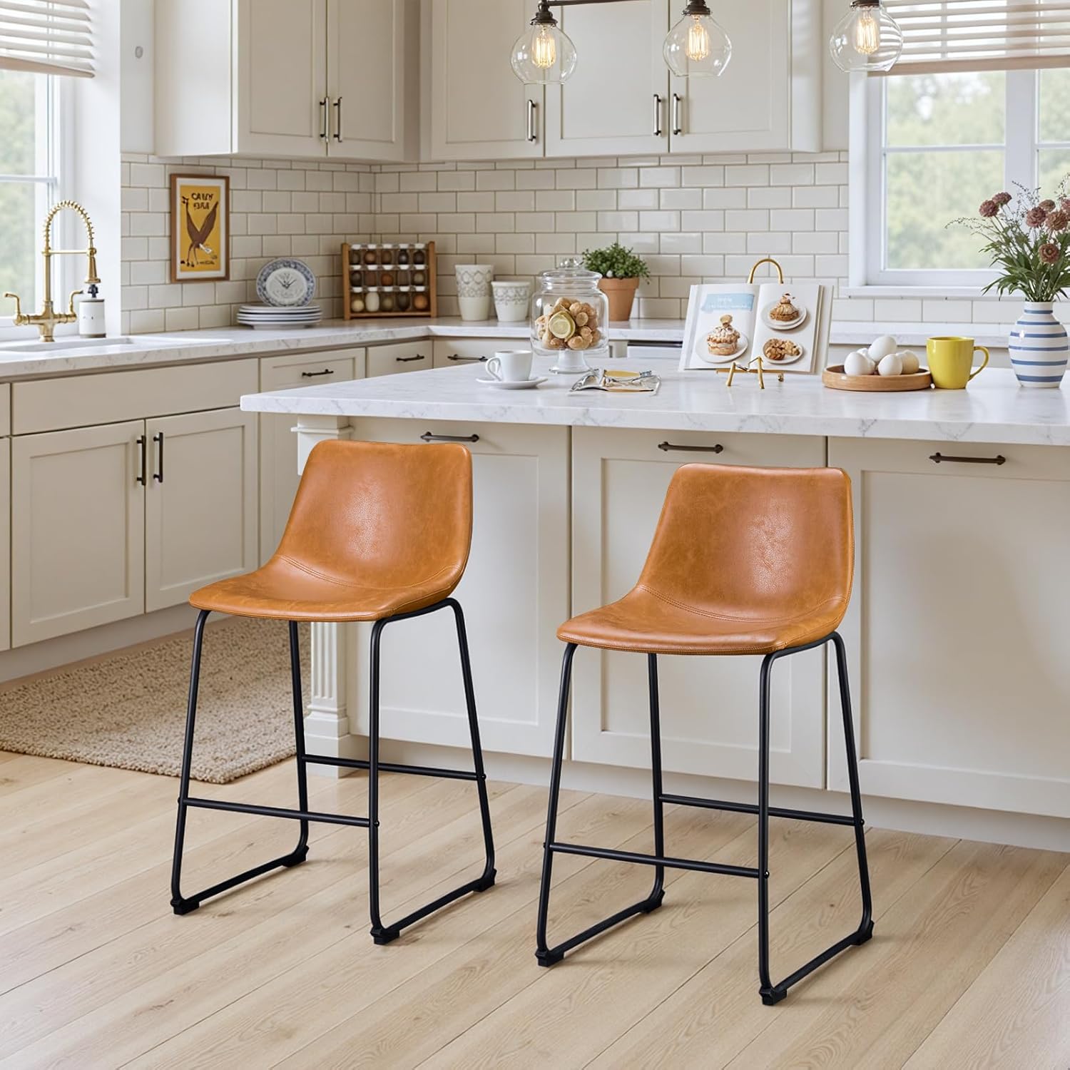 STOOLINK 26 Inch Bar Stools Set of 2, Counter Height Bar stools for Kitchen Island, Modern Crazy Horse Leather Bar Stool with Back and Metal Legs, Whiskey Brown